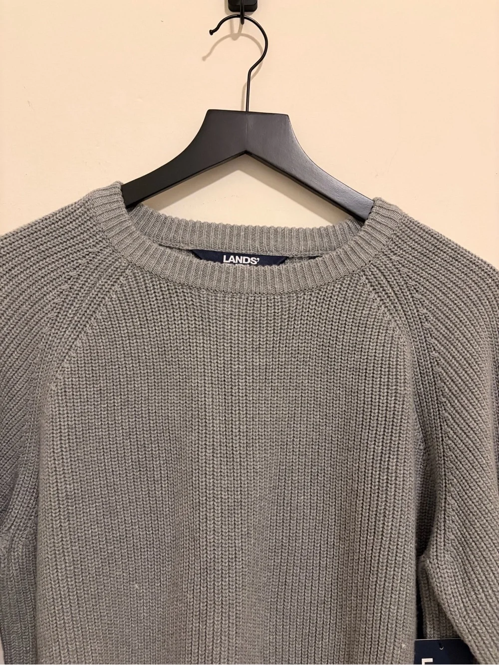 Lands' End Men's Light Gray Ribbed Chunky Cotton Crewneck Sweater